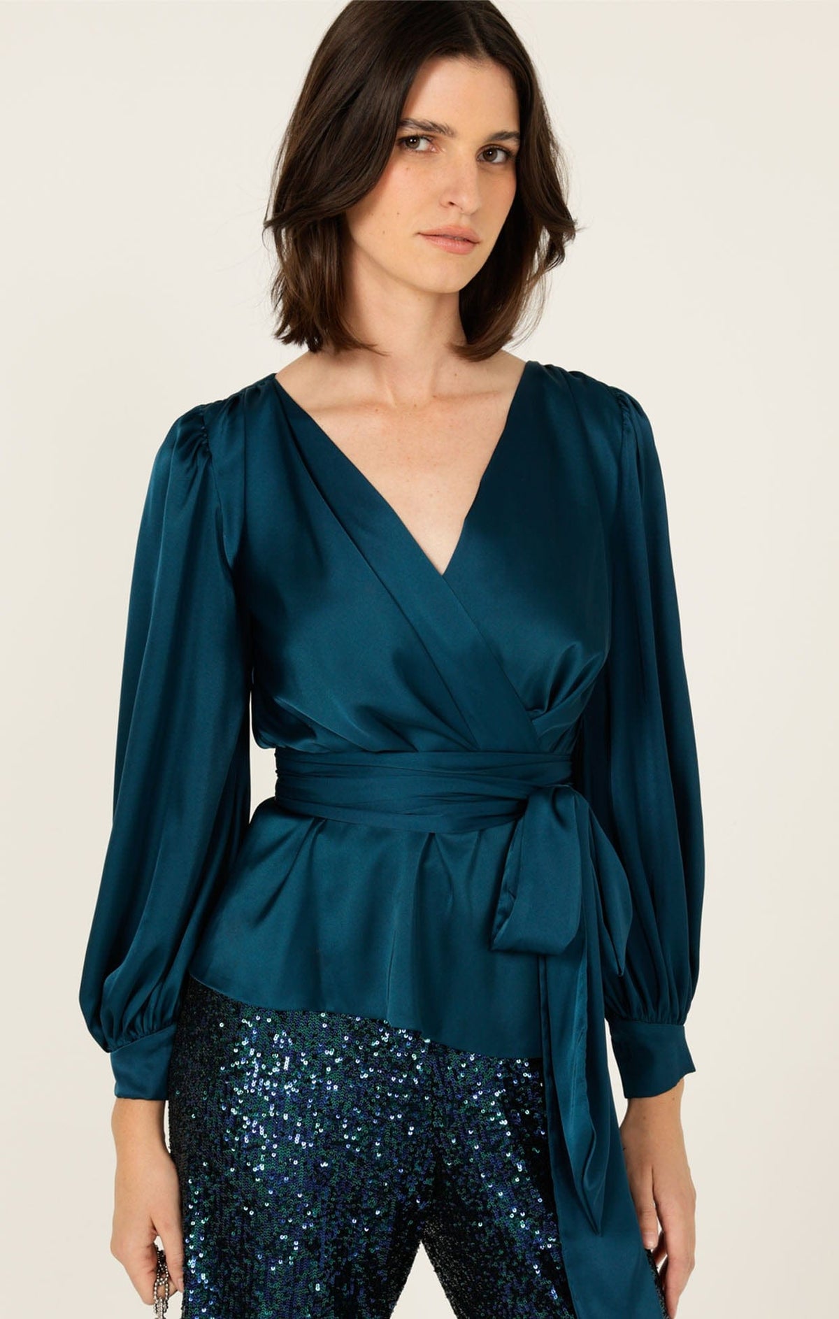 Tops SATIN FAUX WRAP TOP IN PEACOCK