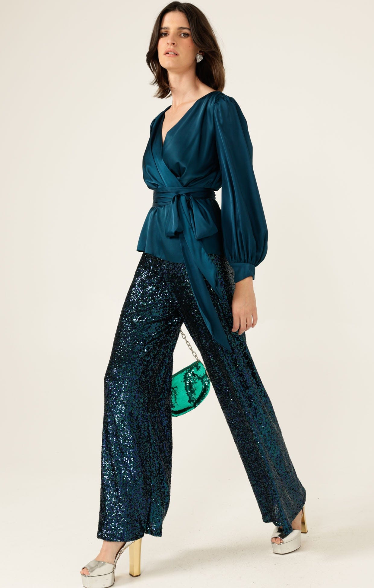 Tops SATIN FAUX WRAP TOP IN PEACOCK