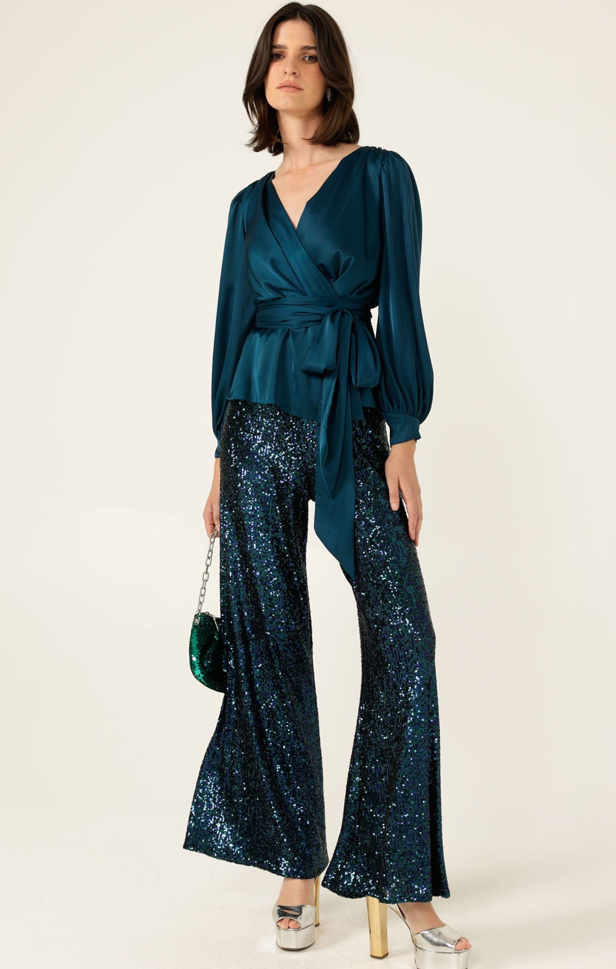 Tops SATIN FAUX WRAP TOP IN PEACOCK