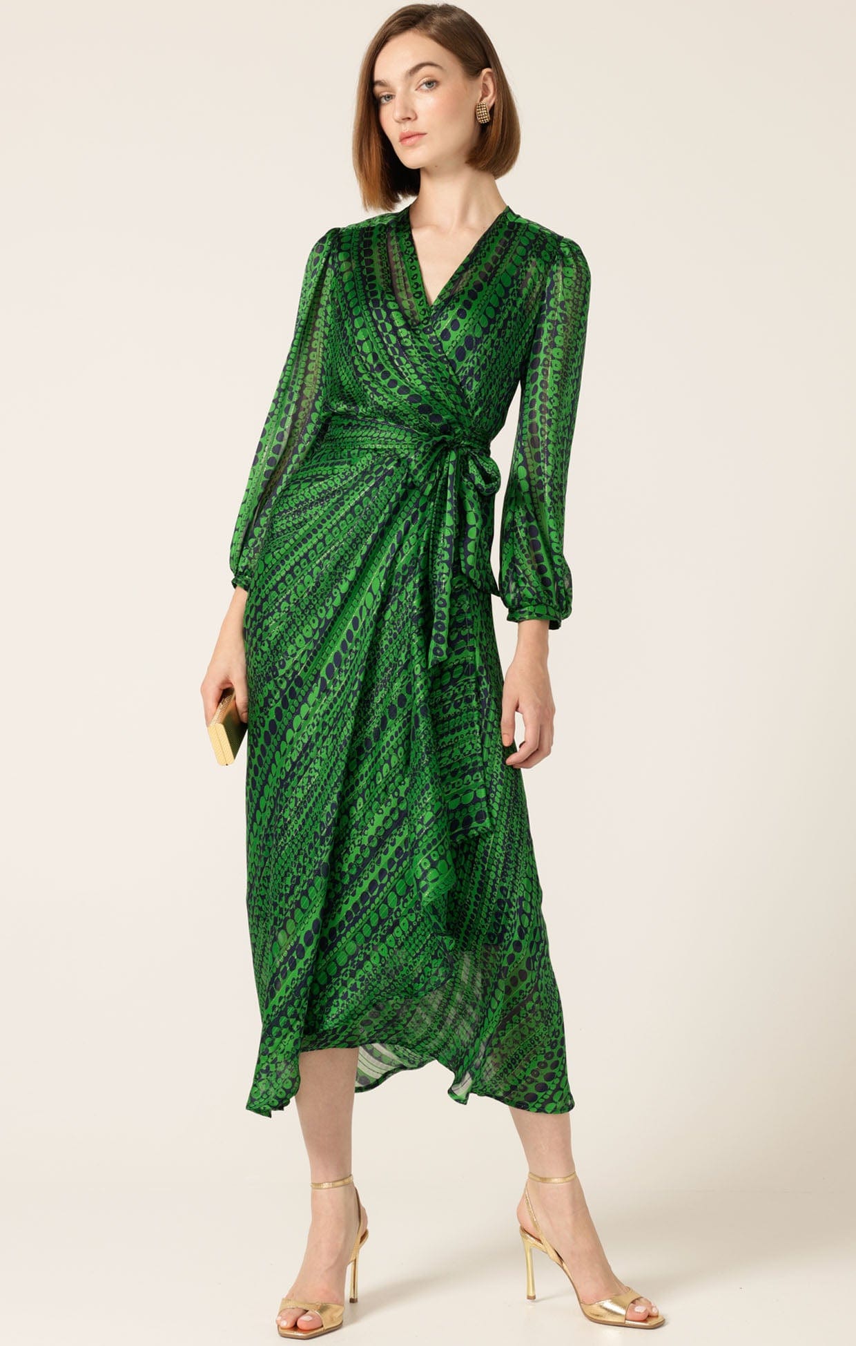 Savoir Chiffon Navy Green Women's Events Wrap Midi Dress | Event Dress Savoir Chiffon Navy Green Women's Events Wrap Midi Dress | Event Dress