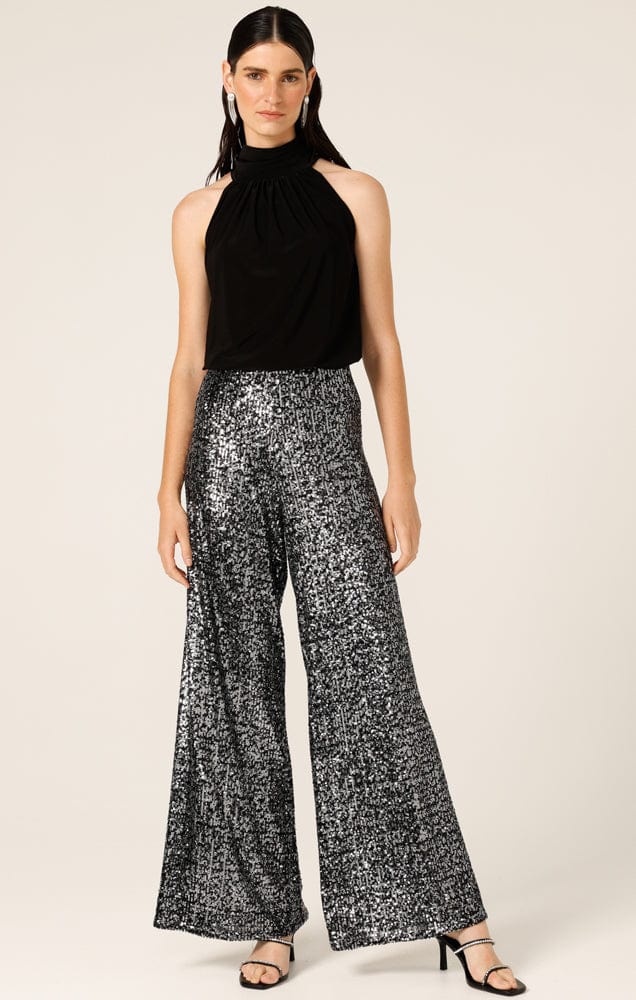 Pants Events SEQUIN PALAZZO PANT IN BLACK SILVER