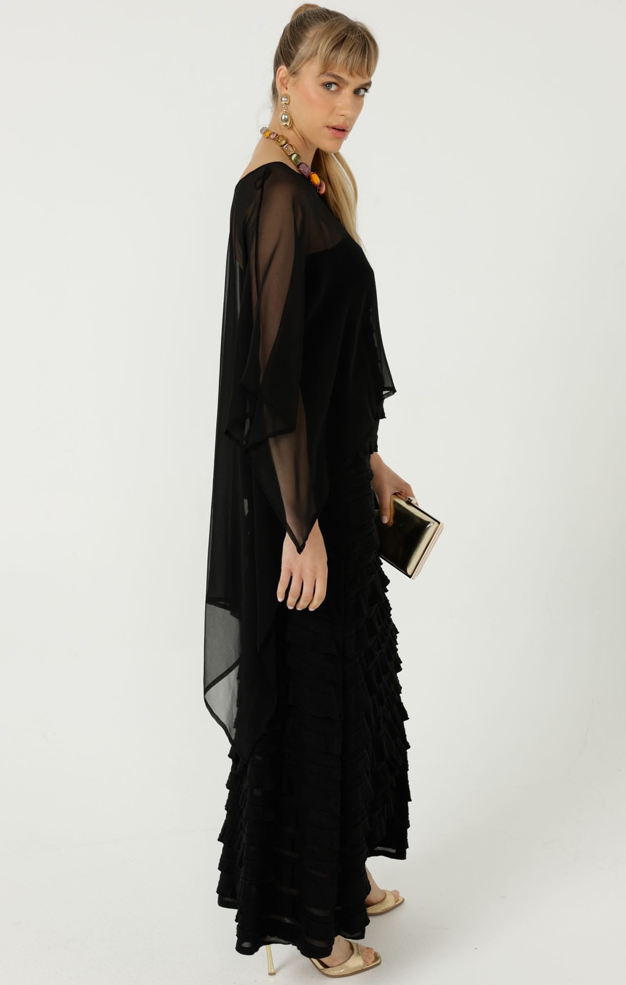Jackets Multi Occasion OS / BLACK SHEER SILK CAPE IN BLACK