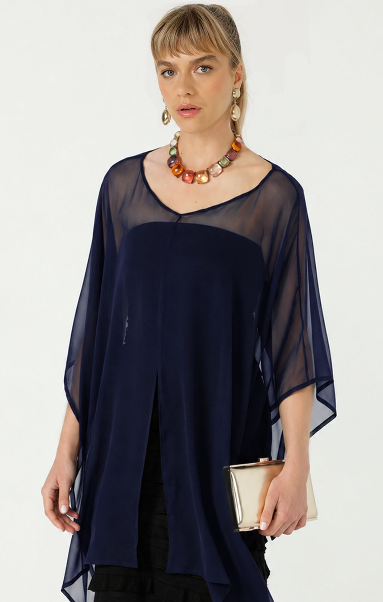 Jackets Multi Occasion OS / NAVY SHEER SILK CAPE IN NAVY
