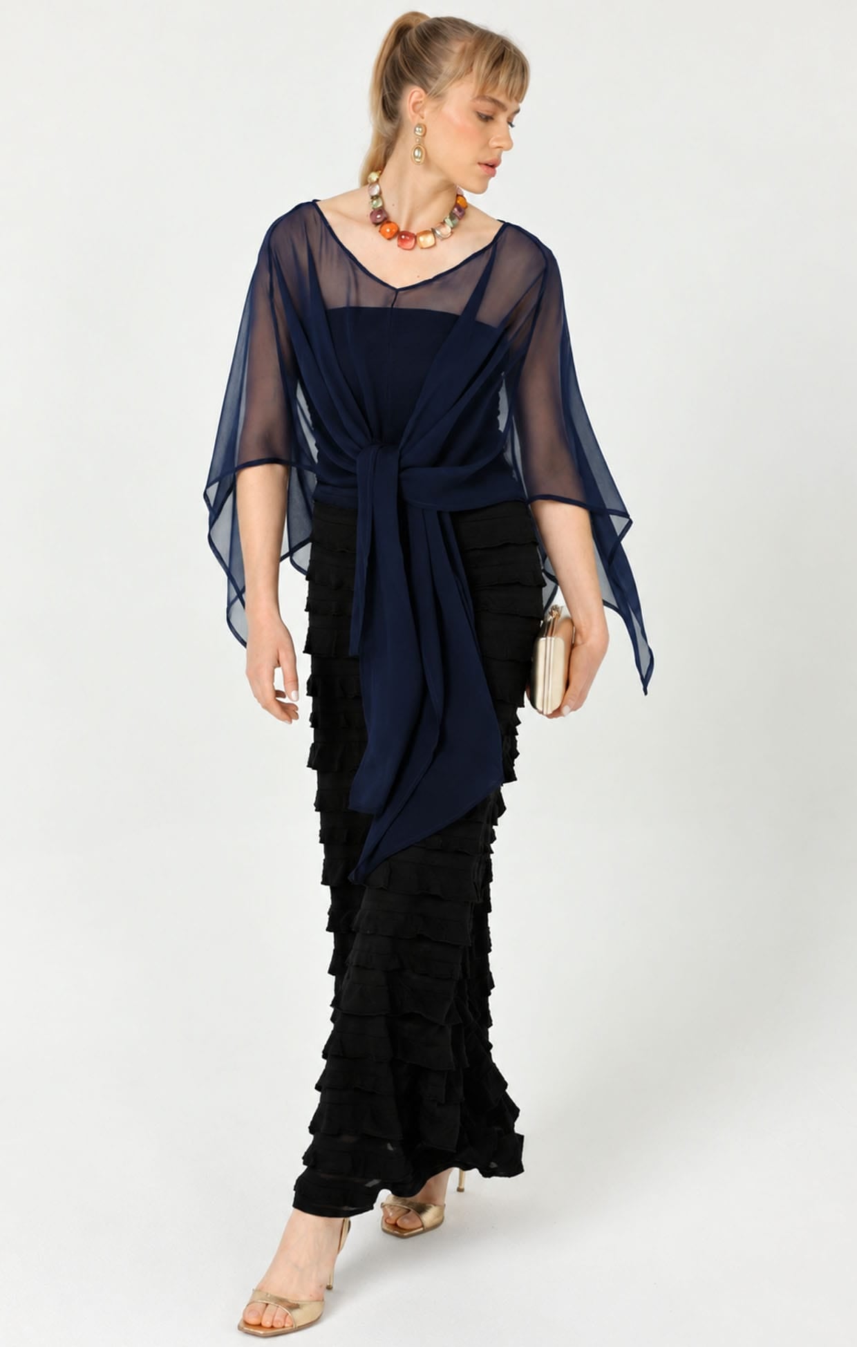 Jackets Multi Occasion OS / NAVY SHEER SILK CAPE IN NAVY