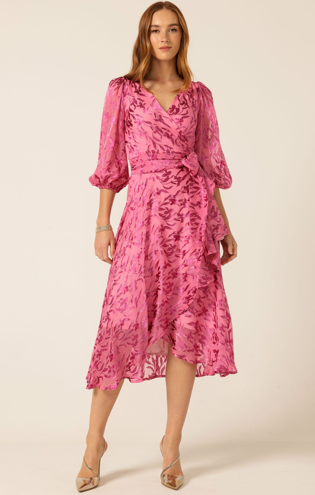 midi pink wrap dress Sherbet Breeze Silk Rayon Wrap Dress in Pink