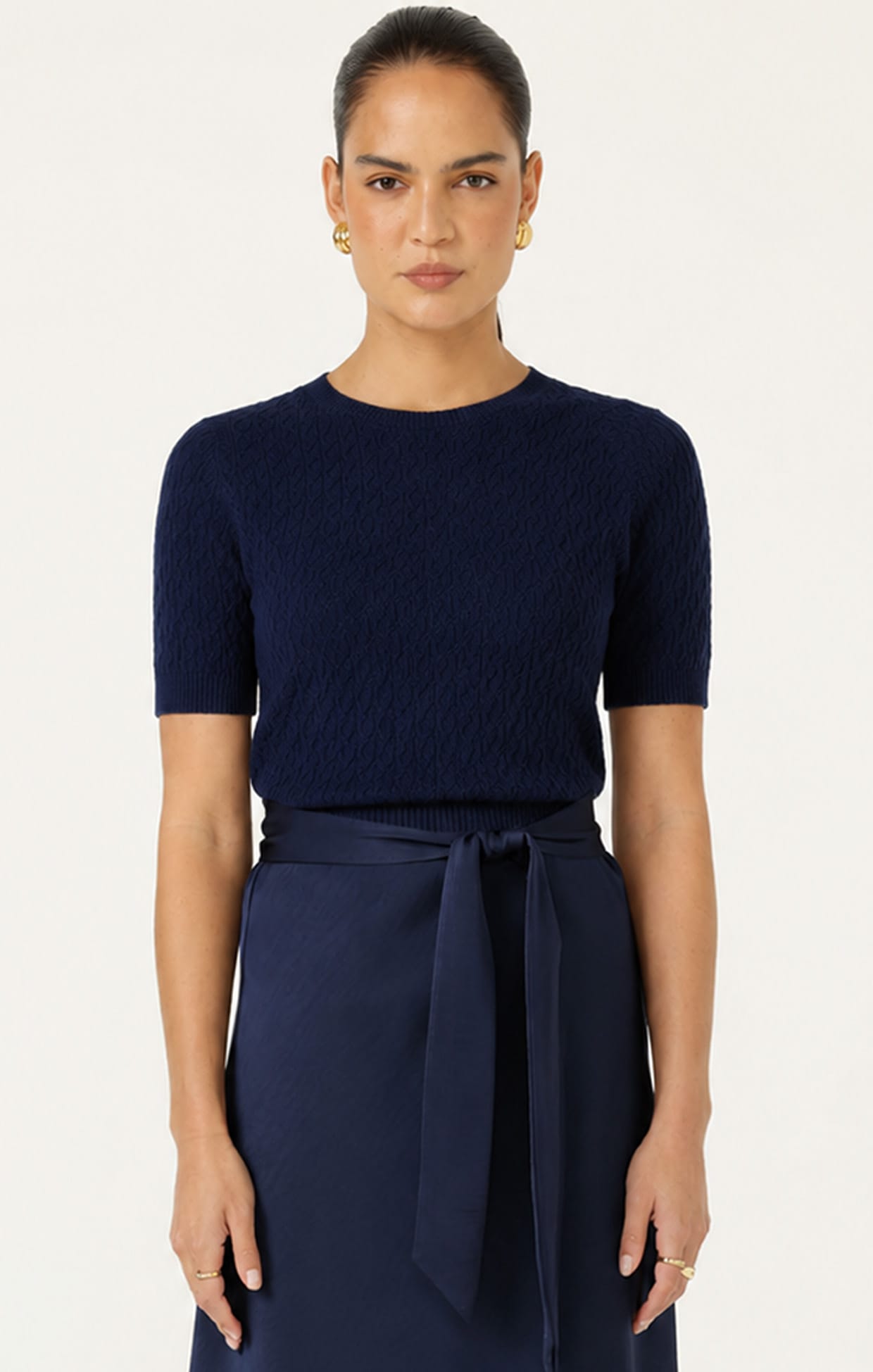 SHORT SLEEVE GROVE KNIT TOP IN NAVY