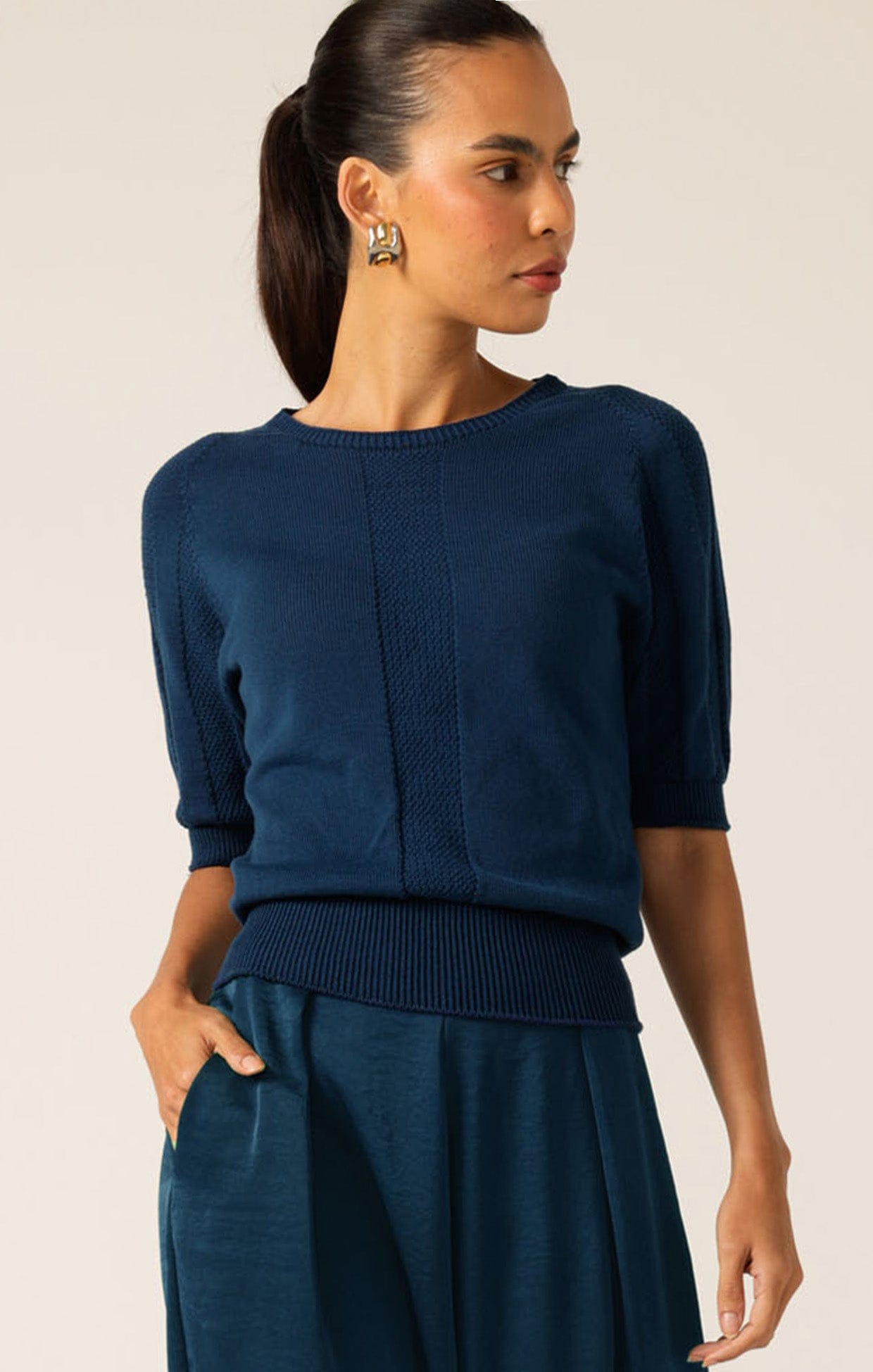 Short Sleeve Raglan Knit top in Blue | Stretch Rib Waist Top