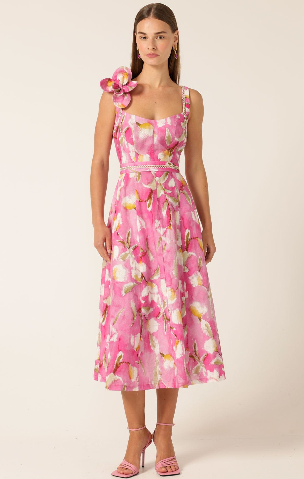 Tulip Rose Linen Women's Midi Events Dress in Pink Floral