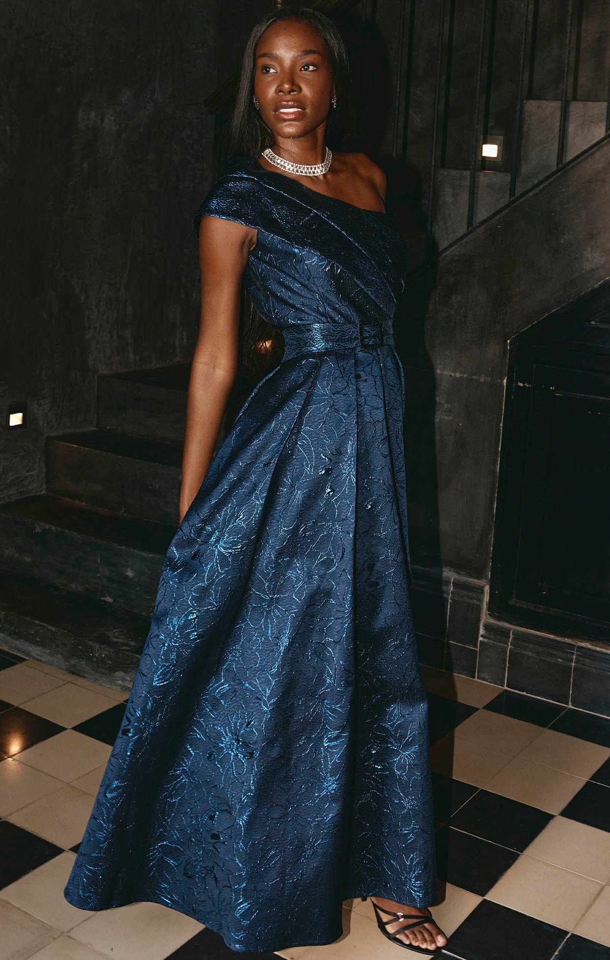 Twilight Jacquard Long Evening Gown | Pleated A-line Style Dress Twilight Jacquard Long Evening Gown | Pleated A-line Style Dress