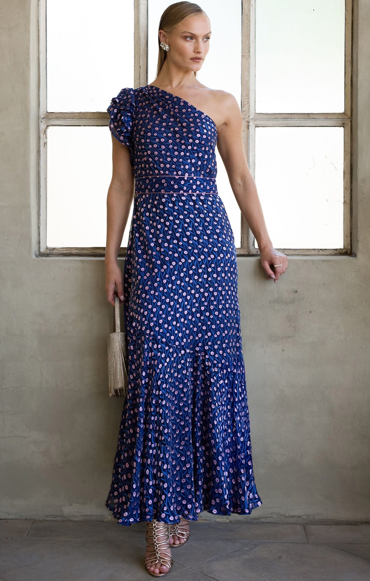 Viola Silk One Shoulder Dress in Indigo Poppy