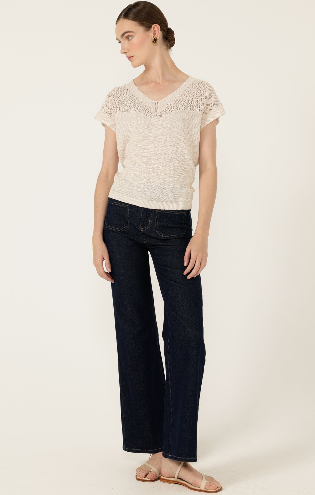 Knitwear V NECK MESH KNIT TOP IN CANVAS