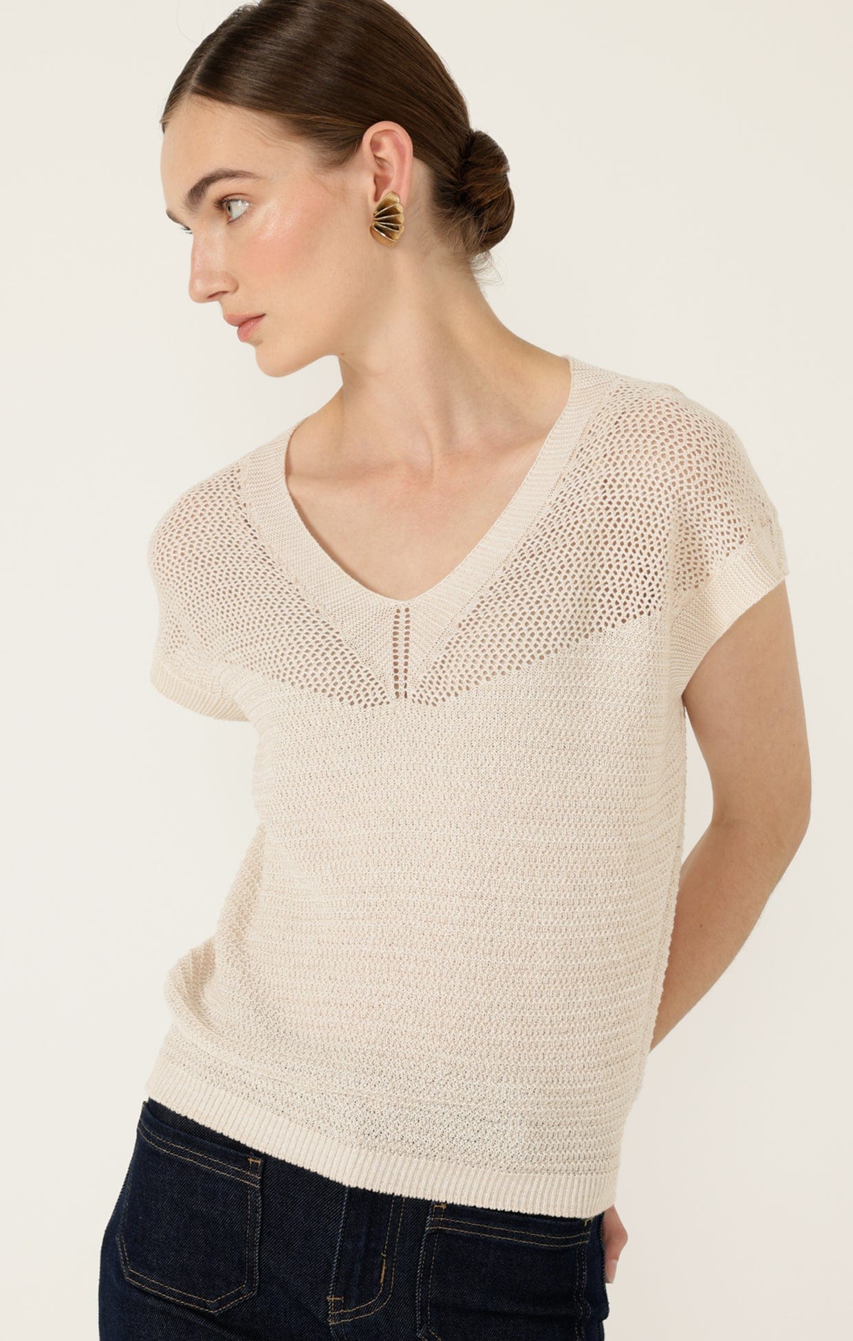 Knitwear V NECK MESH KNIT TOP IN CANVAS