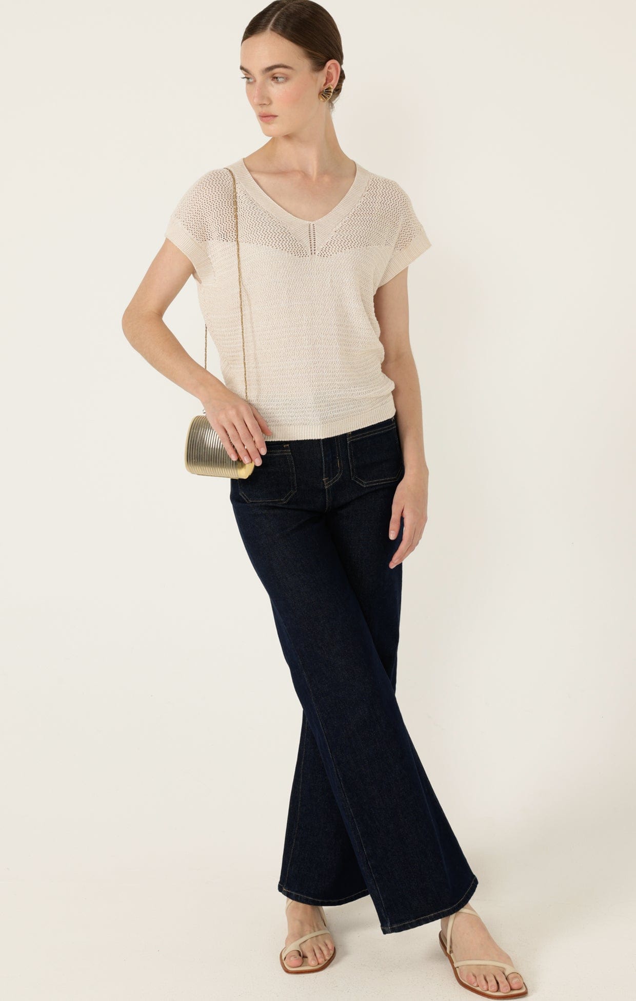Knitwear V NECK MESH KNIT TOP IN CANVAS
