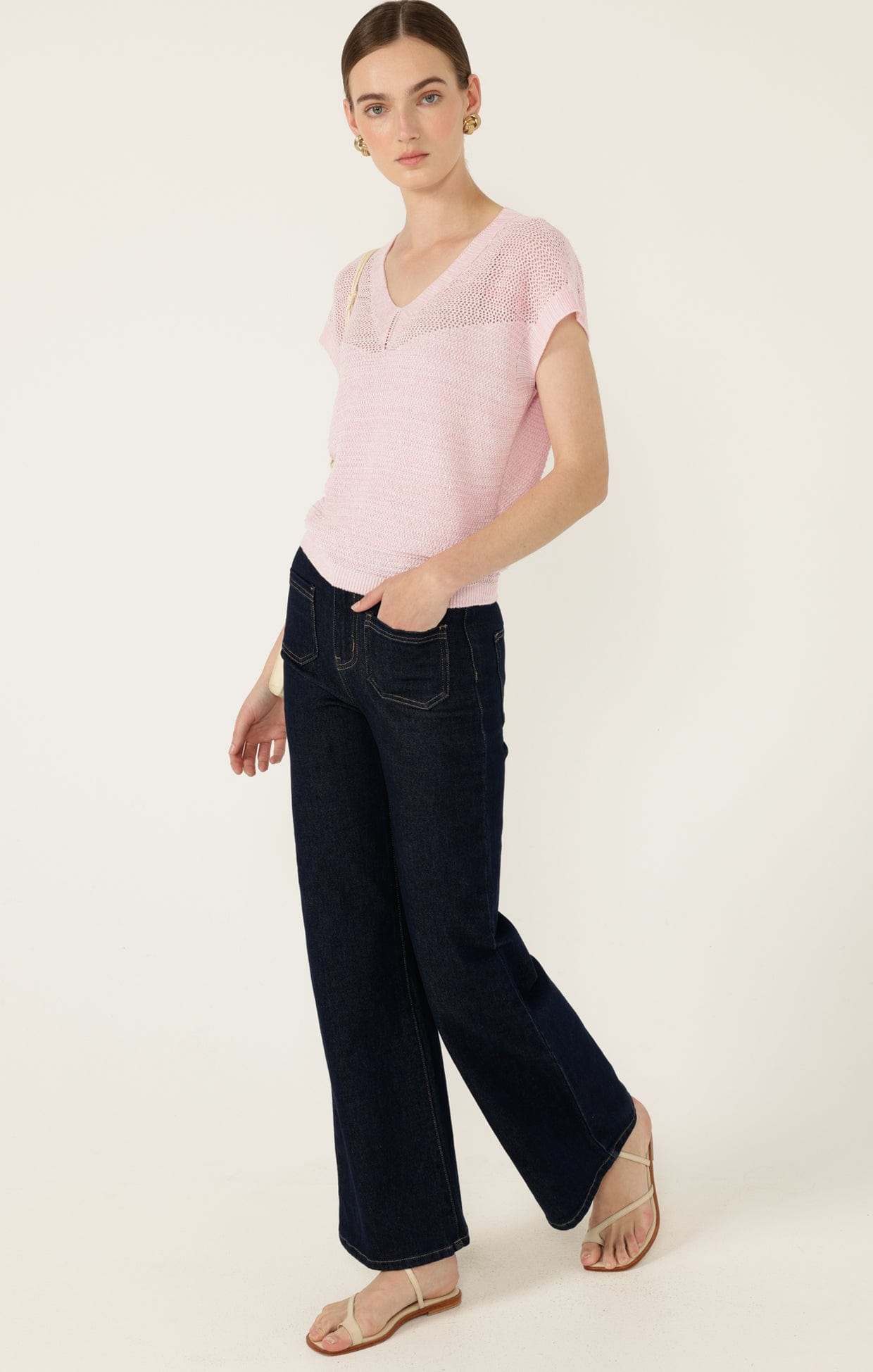Knitwear V NECK MESH KNIT TOP IN WILD ROSE