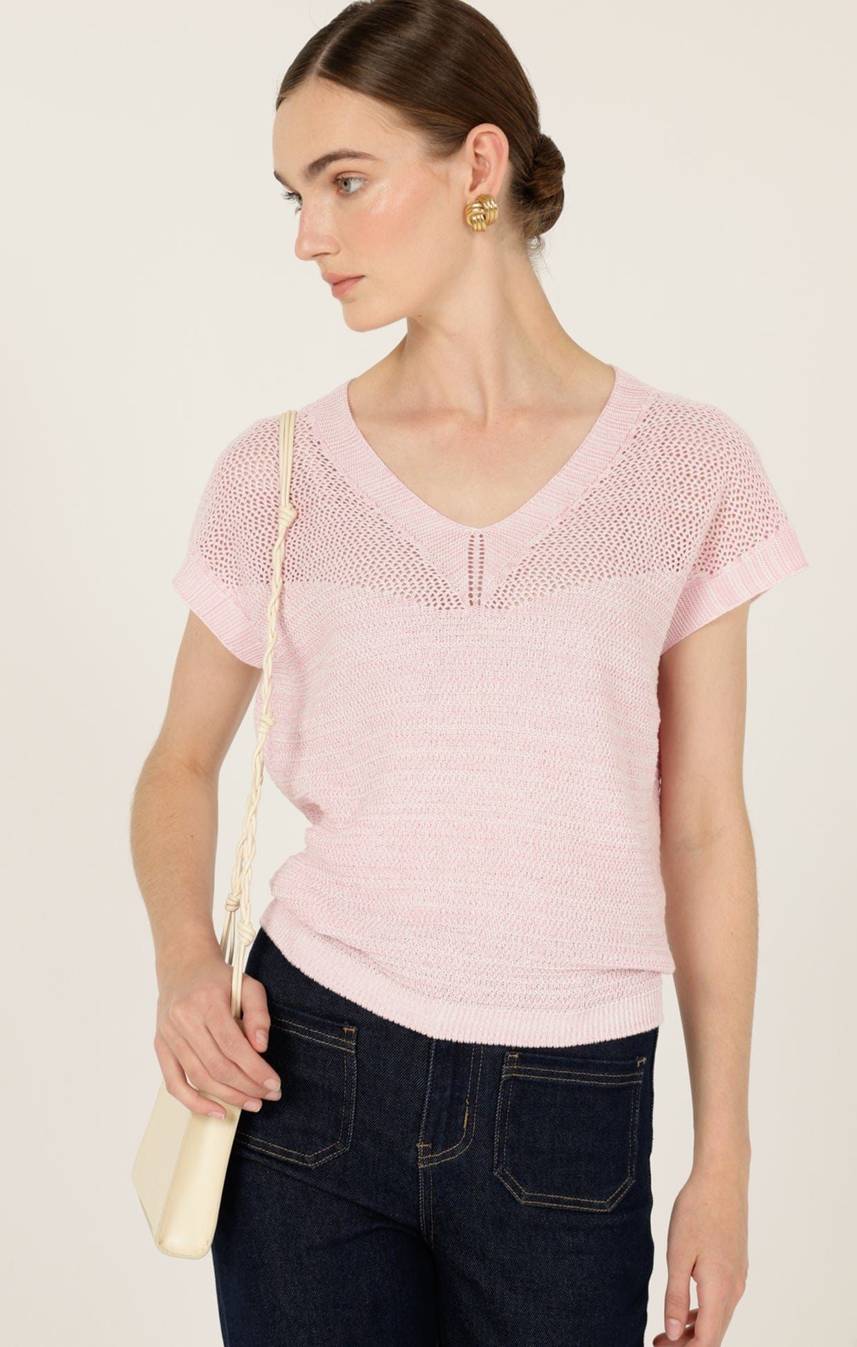 Knitwear V NECK MESH KNIT TOP IN WILD ROSE