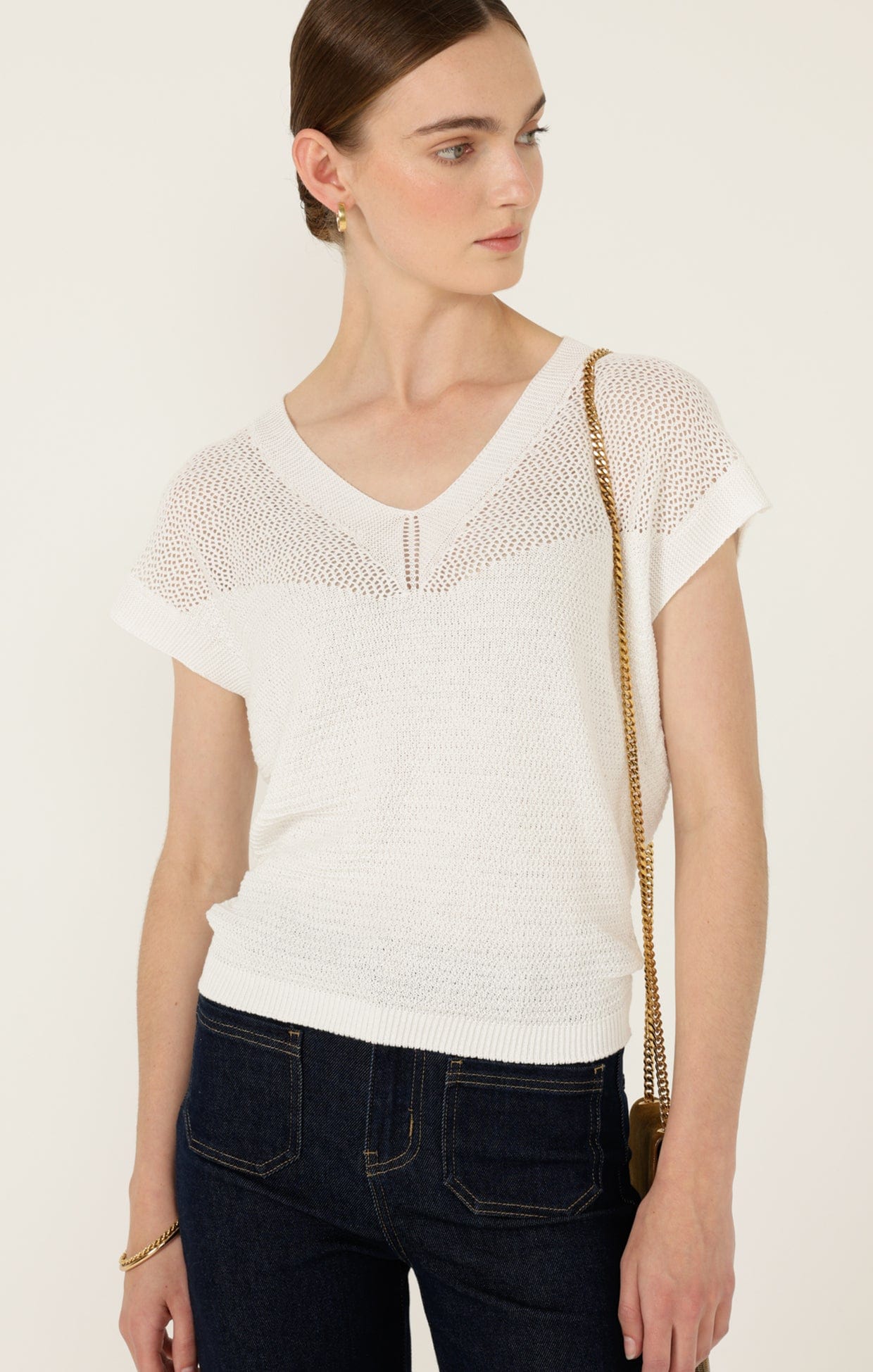 Knitwear V NECK MESH KNIT TOP IN ICE WATER