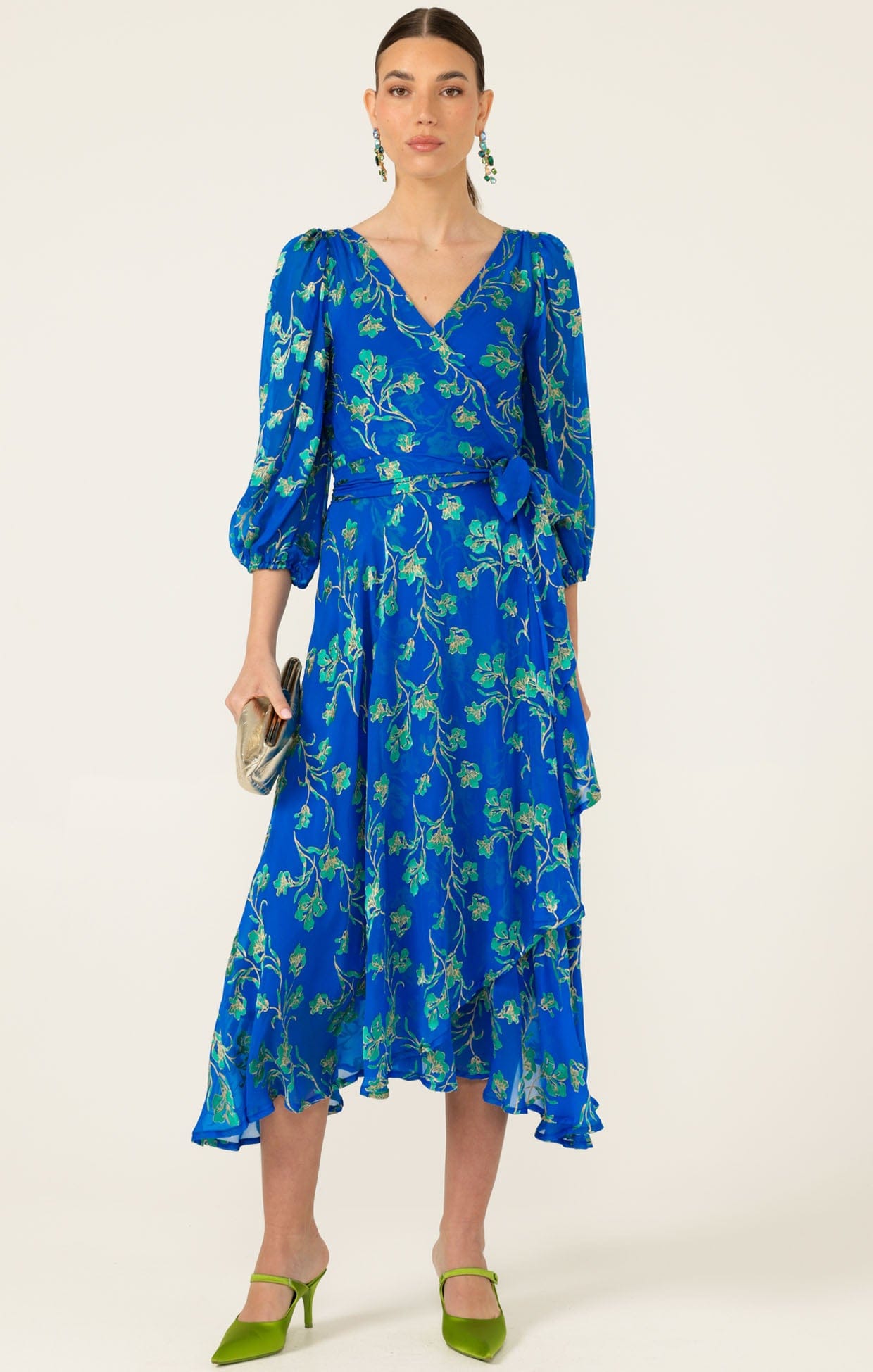 Water Lily Silk Rayon Wrap Dress in Blue Green | Floral Print Dress
