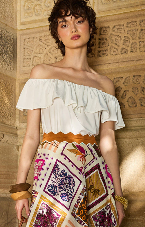 Tops Multi Occasion OFF SHOULDER FRILL TOP IN IVORY