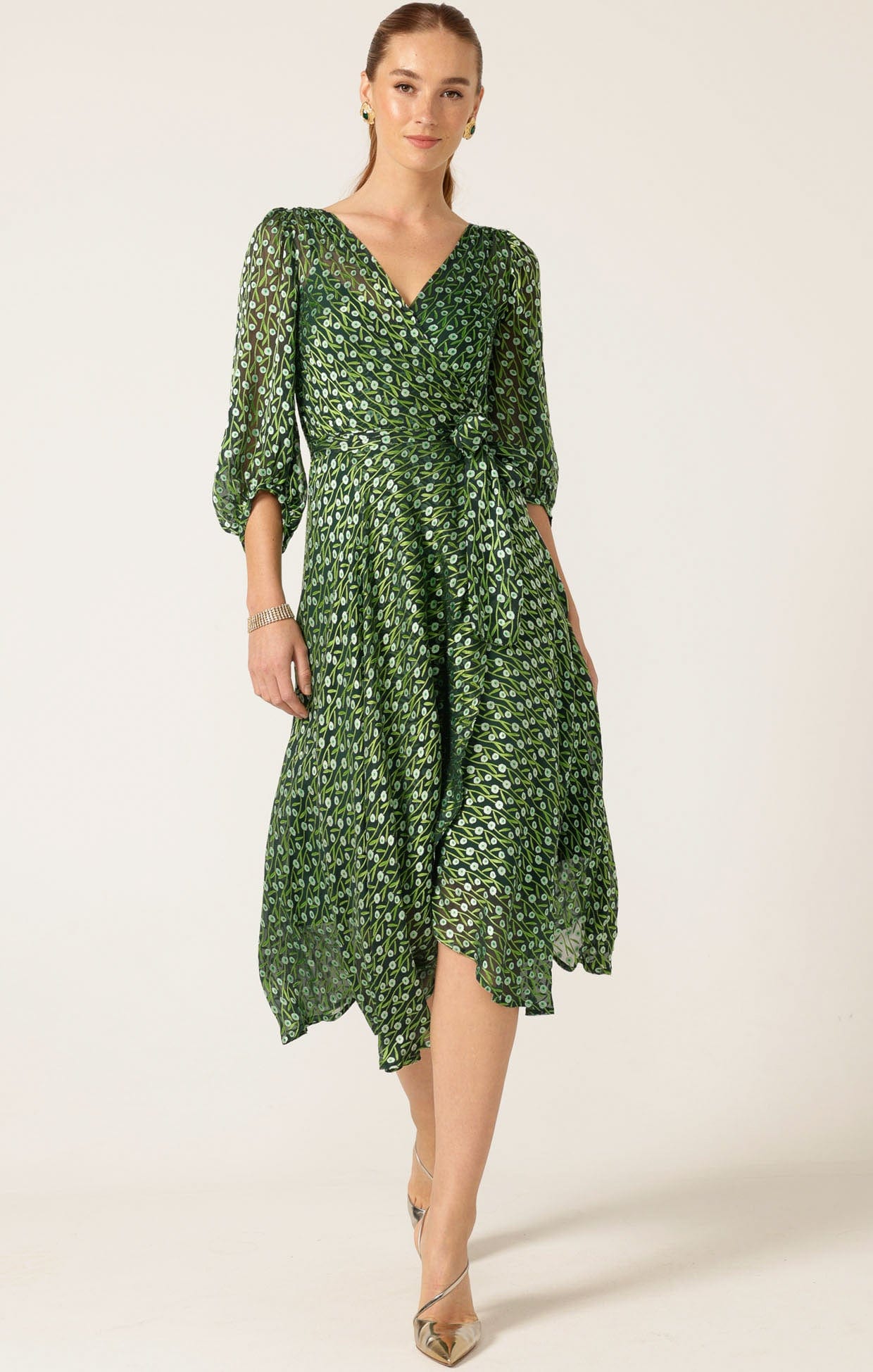 Wonderland Midi Wrap Dress in Emerald Poppy - SACHA DRAKE Wonderland Midi Wrap Dress in Emerald Poppy - SACHA DRAKE