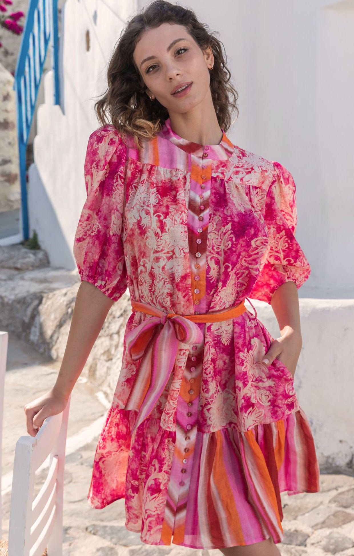 Zoey Button Down Dress in Pink Multi by Kachel - SACHA DRAKE