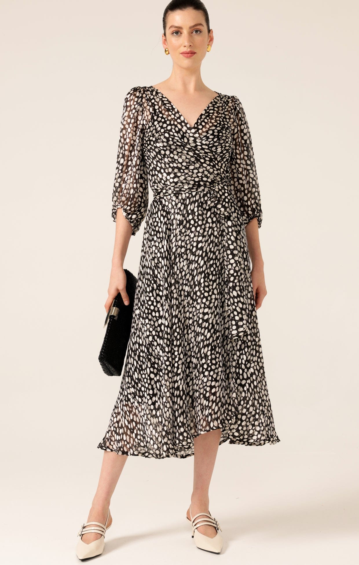 Dresses CLOUDLAND WRAP DRESS IN BLACK WHITE SPOT