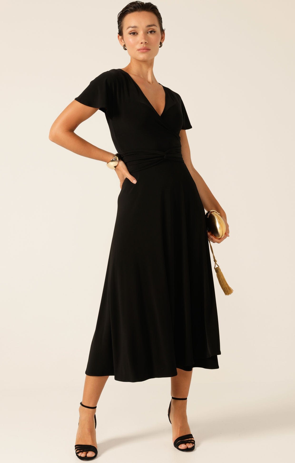 Dresses FLUTE SLEEVE REVERSE WRAP IN BLACK
