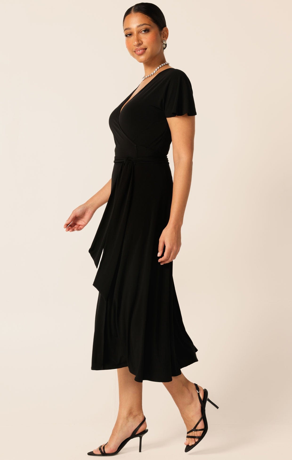 Dresses FLUTE SLEEVE REVERSE WRAP IN BLACK