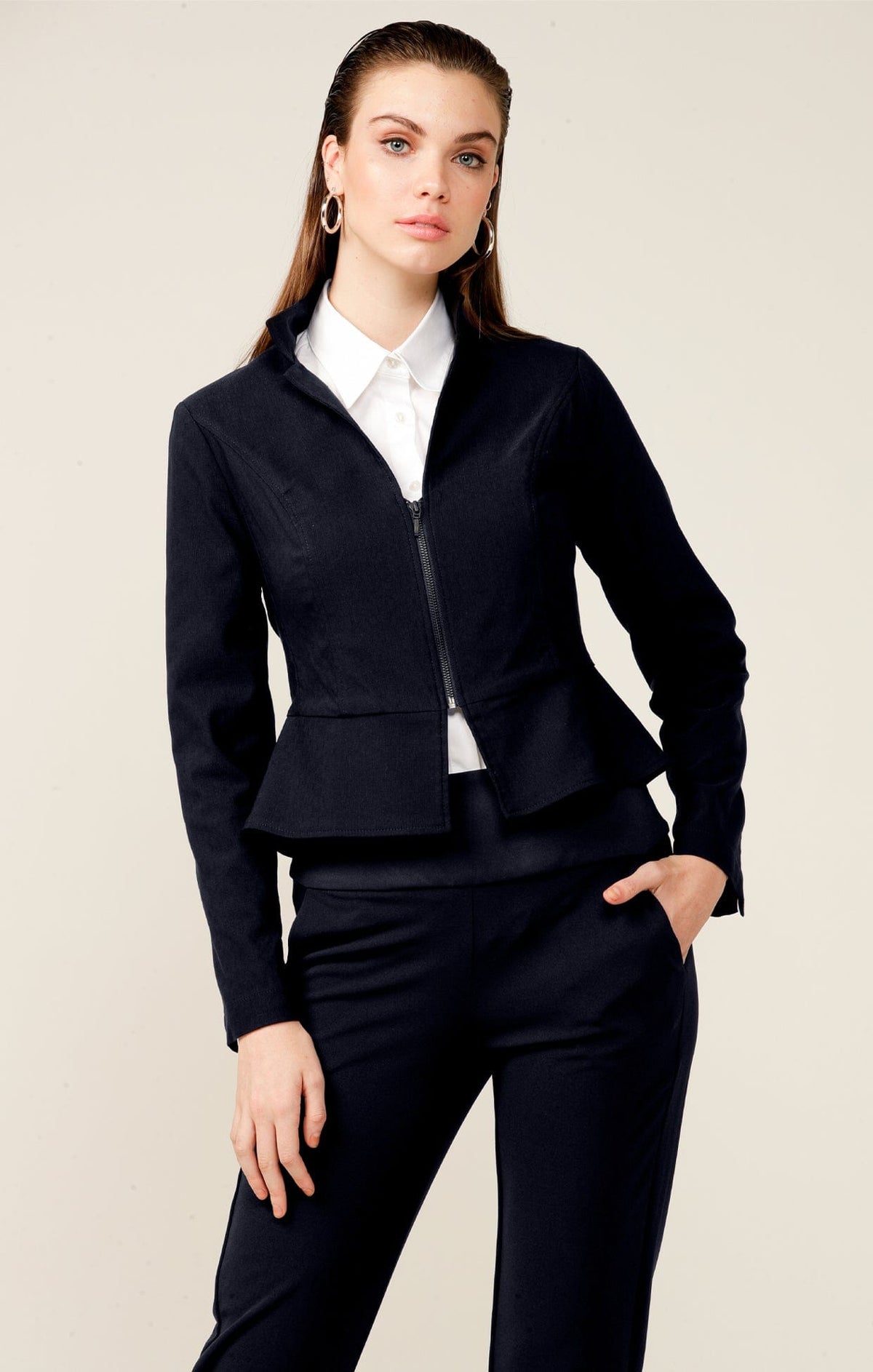Jackets Multi Occasion FRONT ZIP PEPLUM JACKET IN NAVY