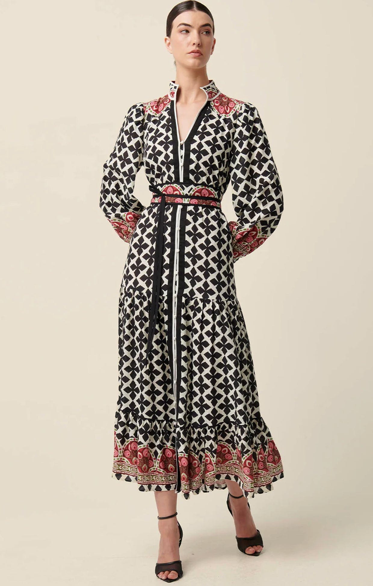 Marielle Linen Maxi Dress in Red Black by Once Was