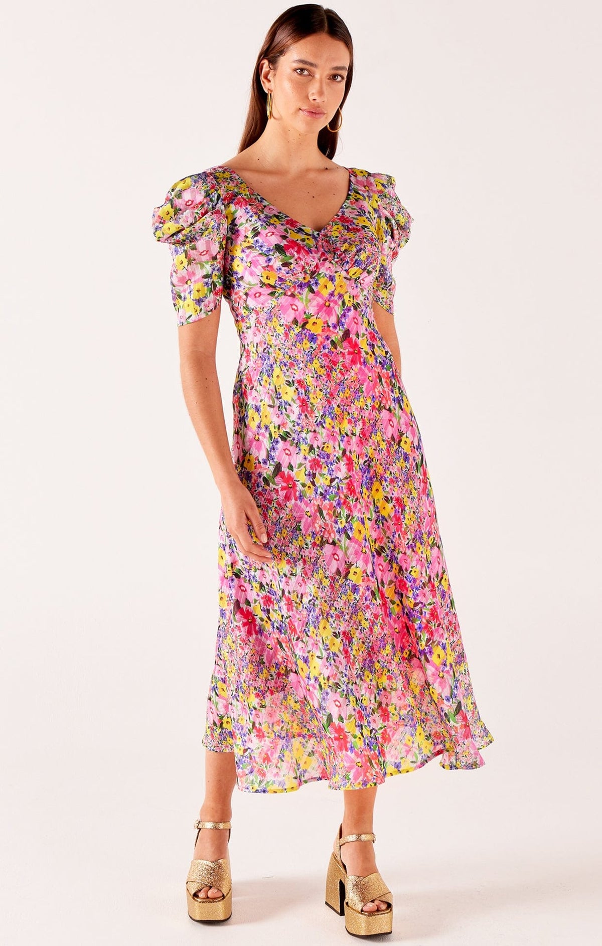Dresses Events NEW BLOOMS MIDI IN PINK MULTI FLORAL