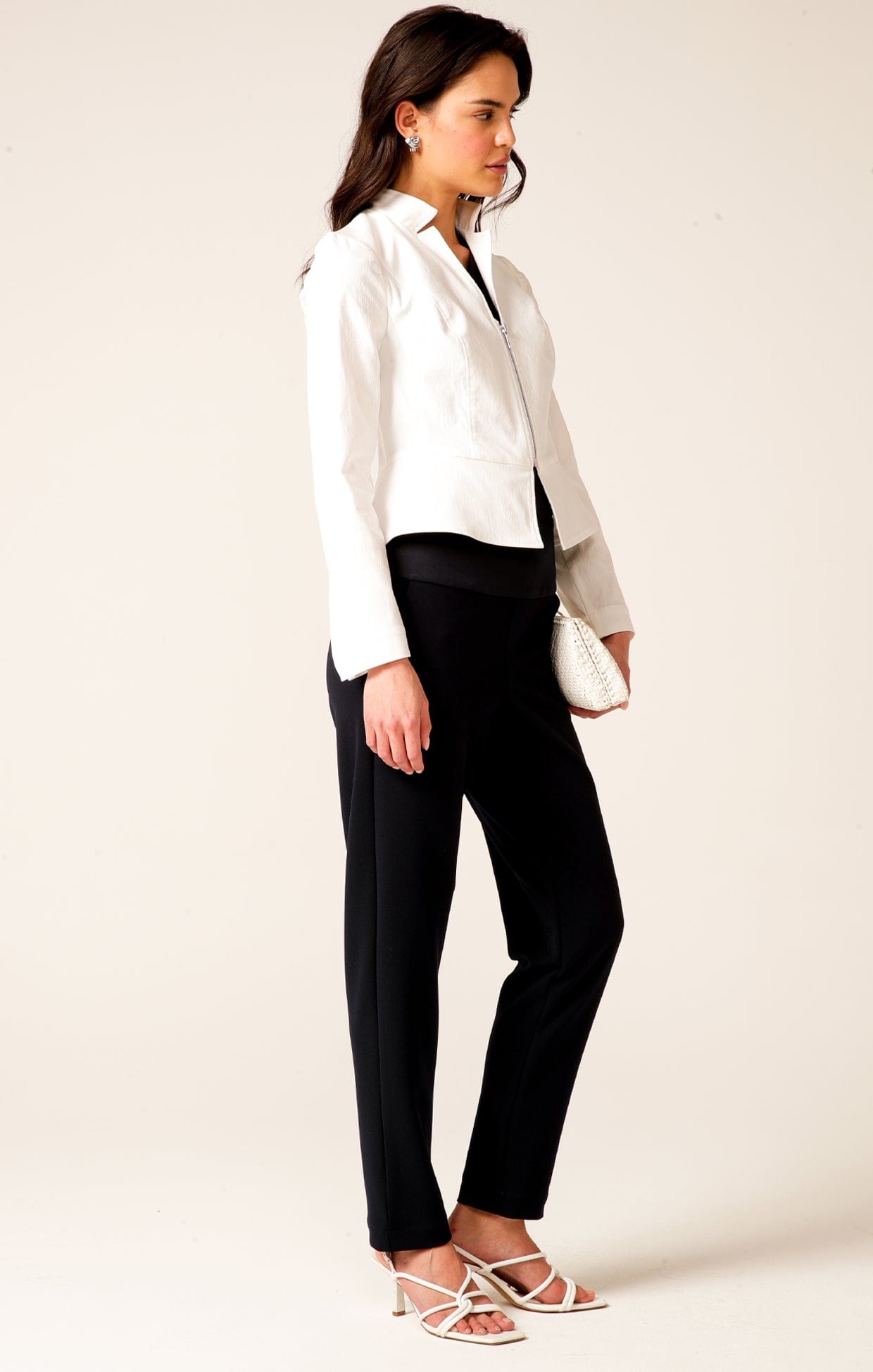 Jackets Multi Occasion FRONT ZIP PEPLUM JACKET IN WHITE