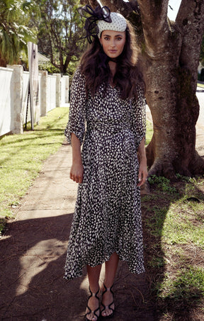 Dresses Events CLOUDLAND WRAP DRESS IN BLACK WHITE SPOT