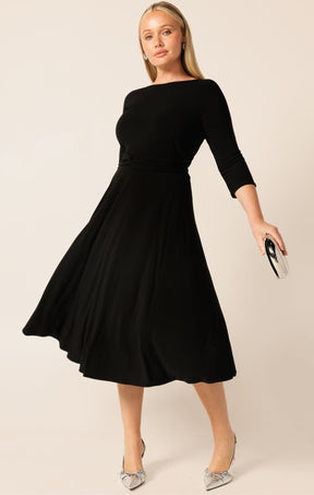 3/4 Sleeve Reverse Midi Wrap Dress in Black