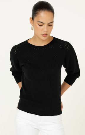 Knitwear 3/4 SLEEVE RIPPLE KNIT TOP IN BLACK