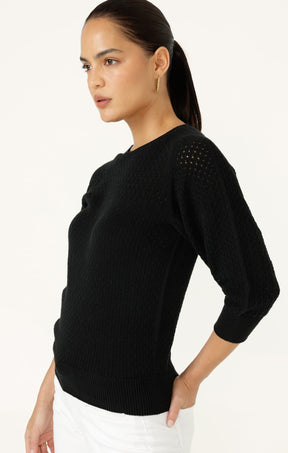 Knitwear 3/4 SLEEVE RIPPLE KNIT TOP IN BLACK
