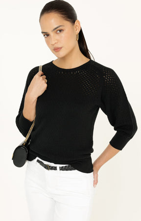 Knitwear 3/4 SLEEVE RIPPLE KNIT TOP IN BLACK