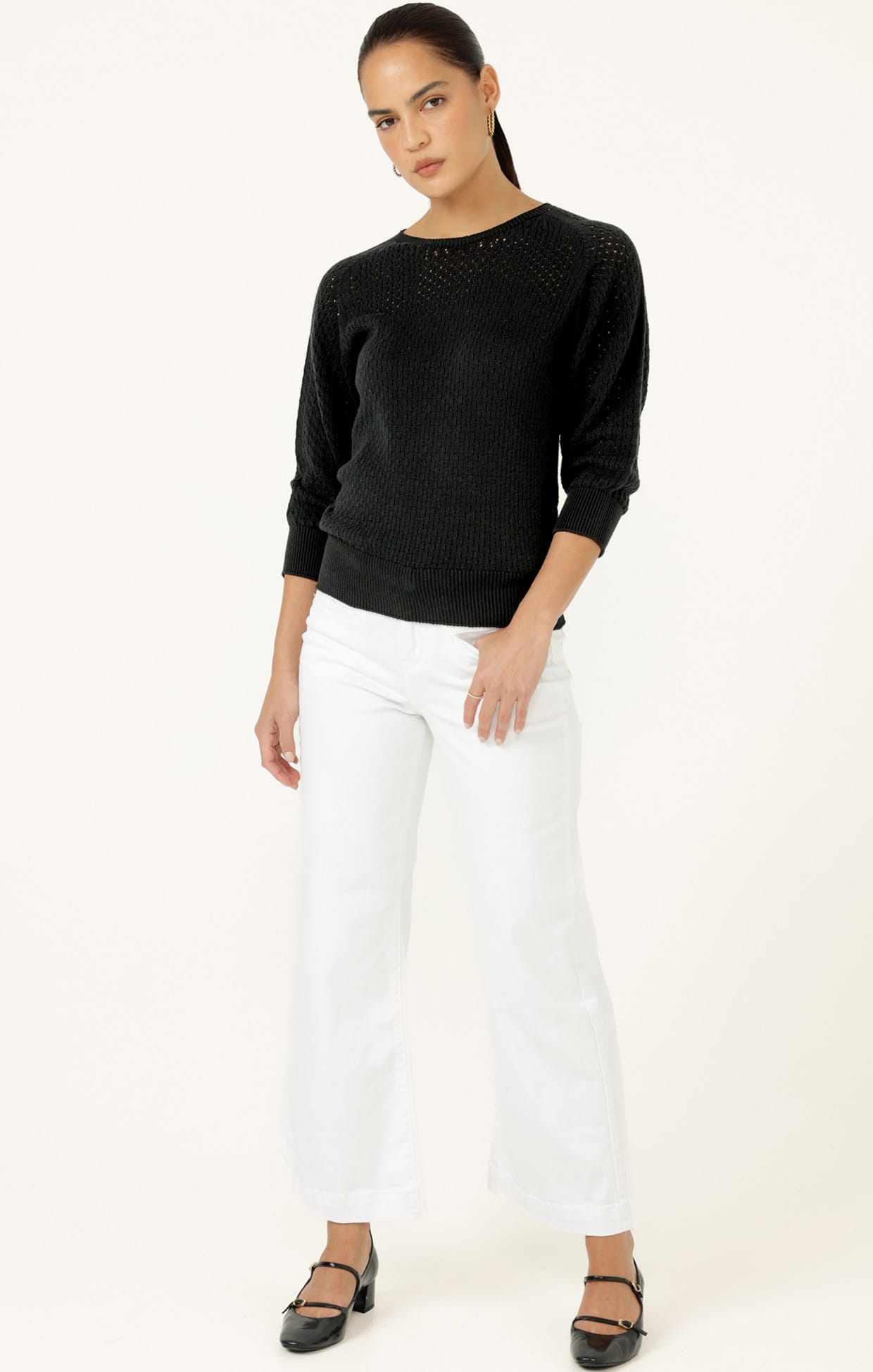 Knitwear 3/4 SLEEVE RIPPLE KNIT TOP IN BLACK