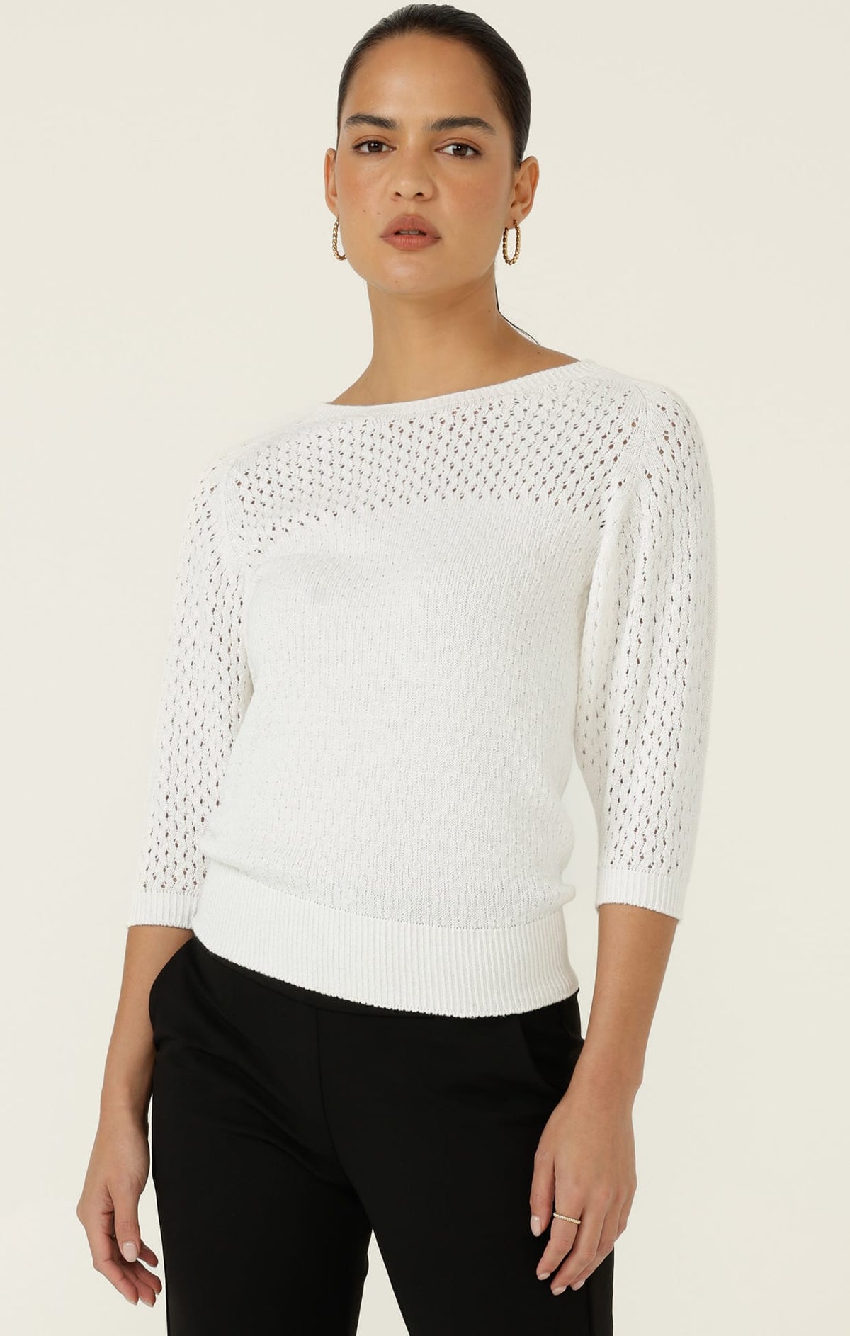 Knitwear 3/4 SLEEVE RIPPLE KNIT TOP IN IVORY