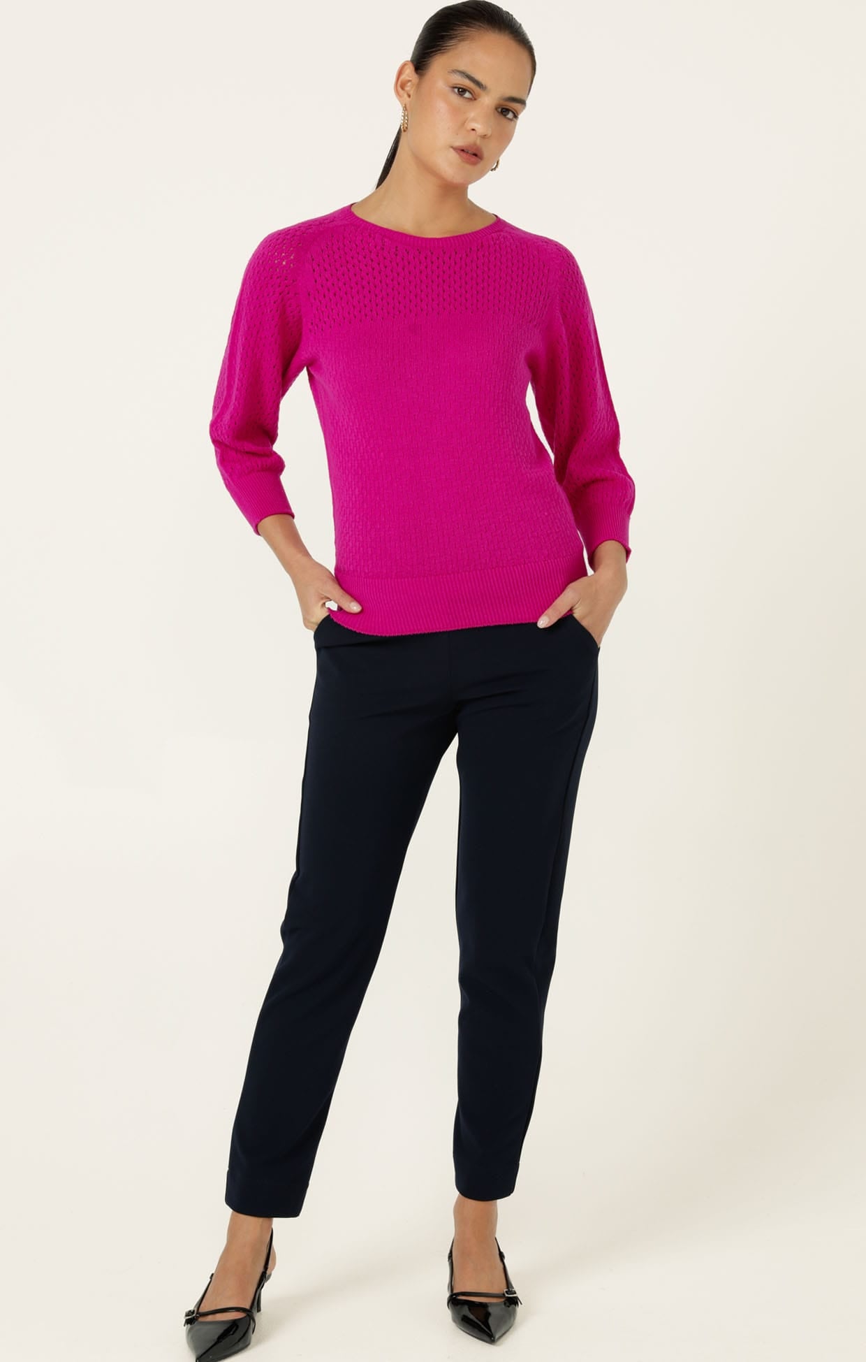 Knitwear 3/4 SLEEVE RIPPLE KNIT TOP IN FUSCHIA