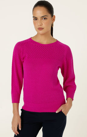 Knitwear 3/4 SLEEVE RIPPLE KNIT TOP IN FUSCHIA