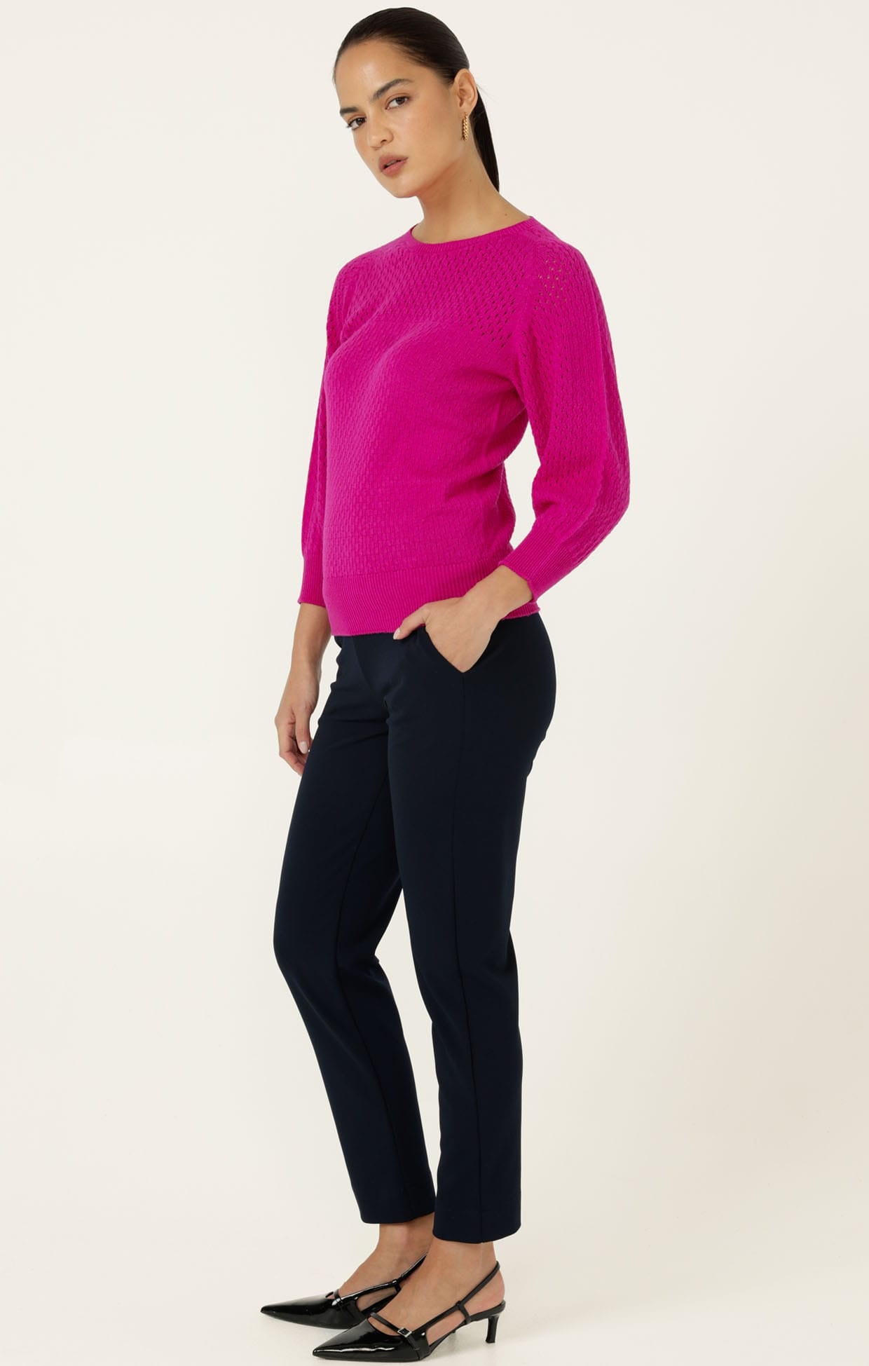 Knitwear 3/4 SLEEVE RIPPLE KNIT TOP IN FUSCHIA