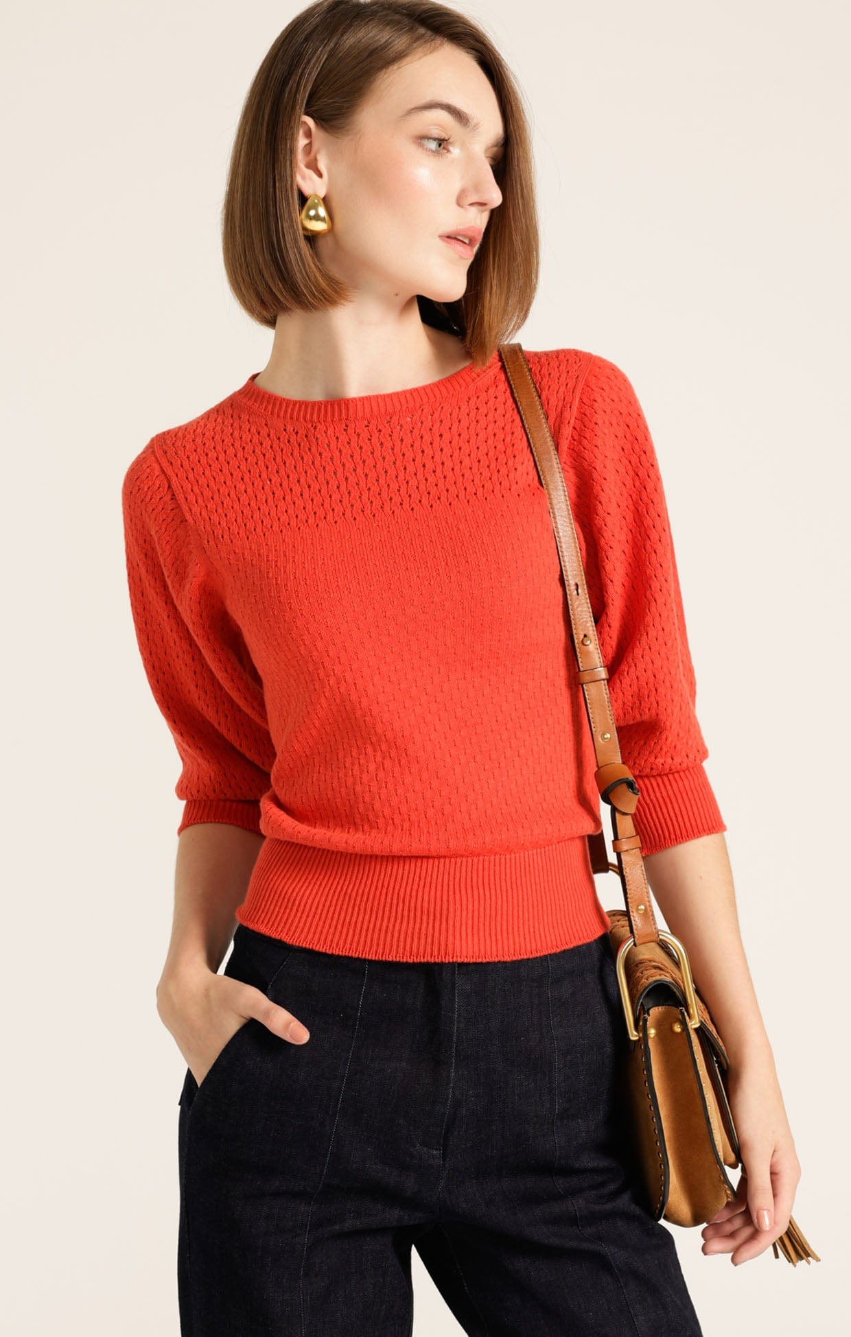 Knitwear 3/4 SLEEVE RIPPLE KNIT TOP IN BURNT ORANGE