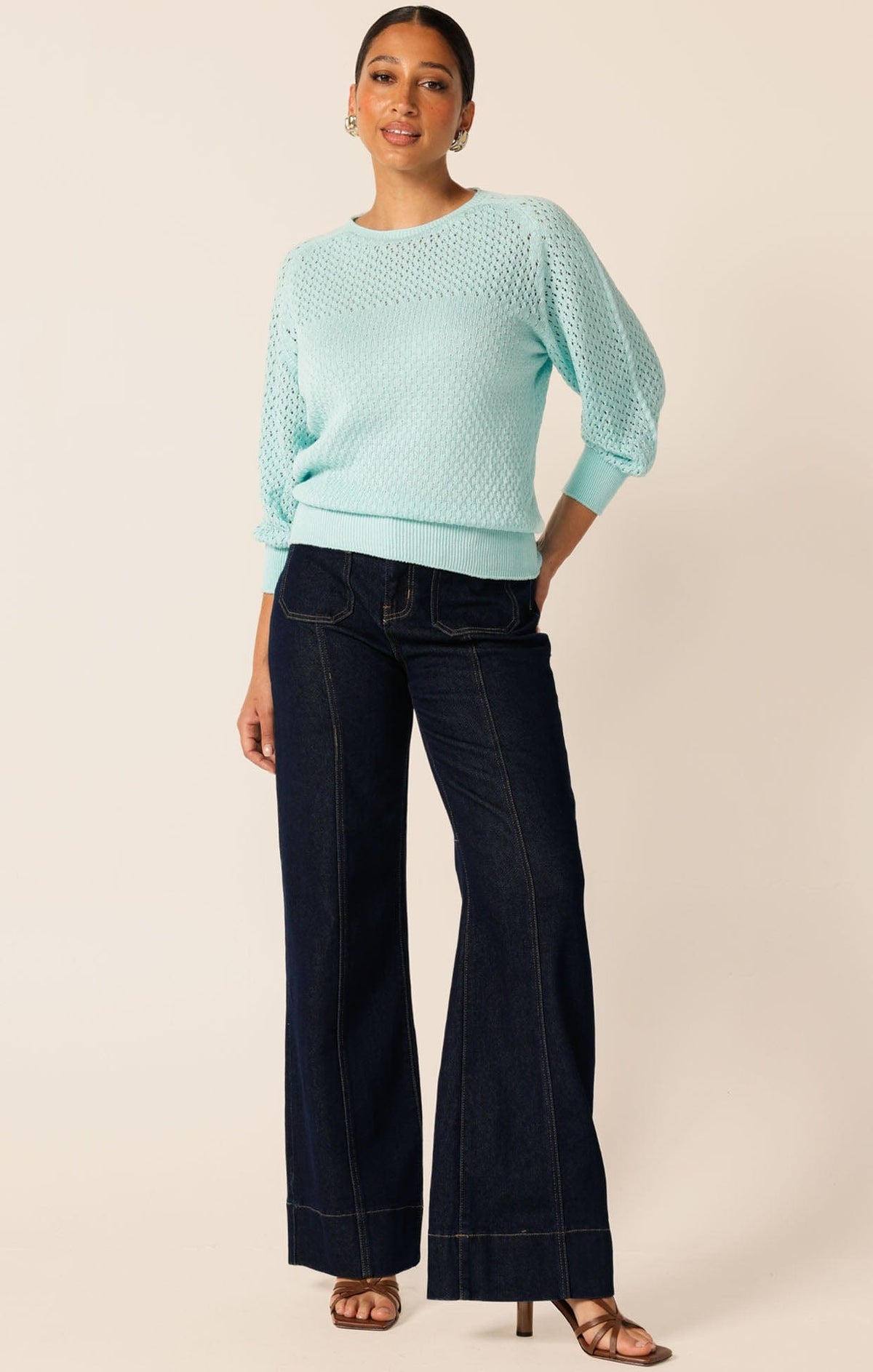 Knitwear 3/4 SLEEVE RIPPLE KNIT TOP IN SKY BLUE
