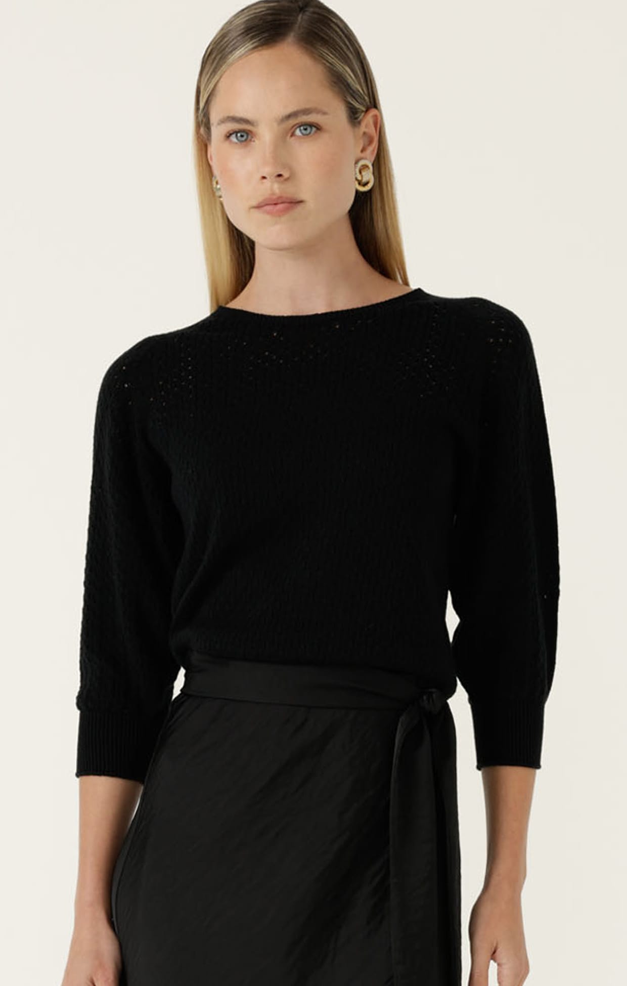 Knitwear 3/4 SLEEVE RIPPLE KNIT TOP IN BLACK