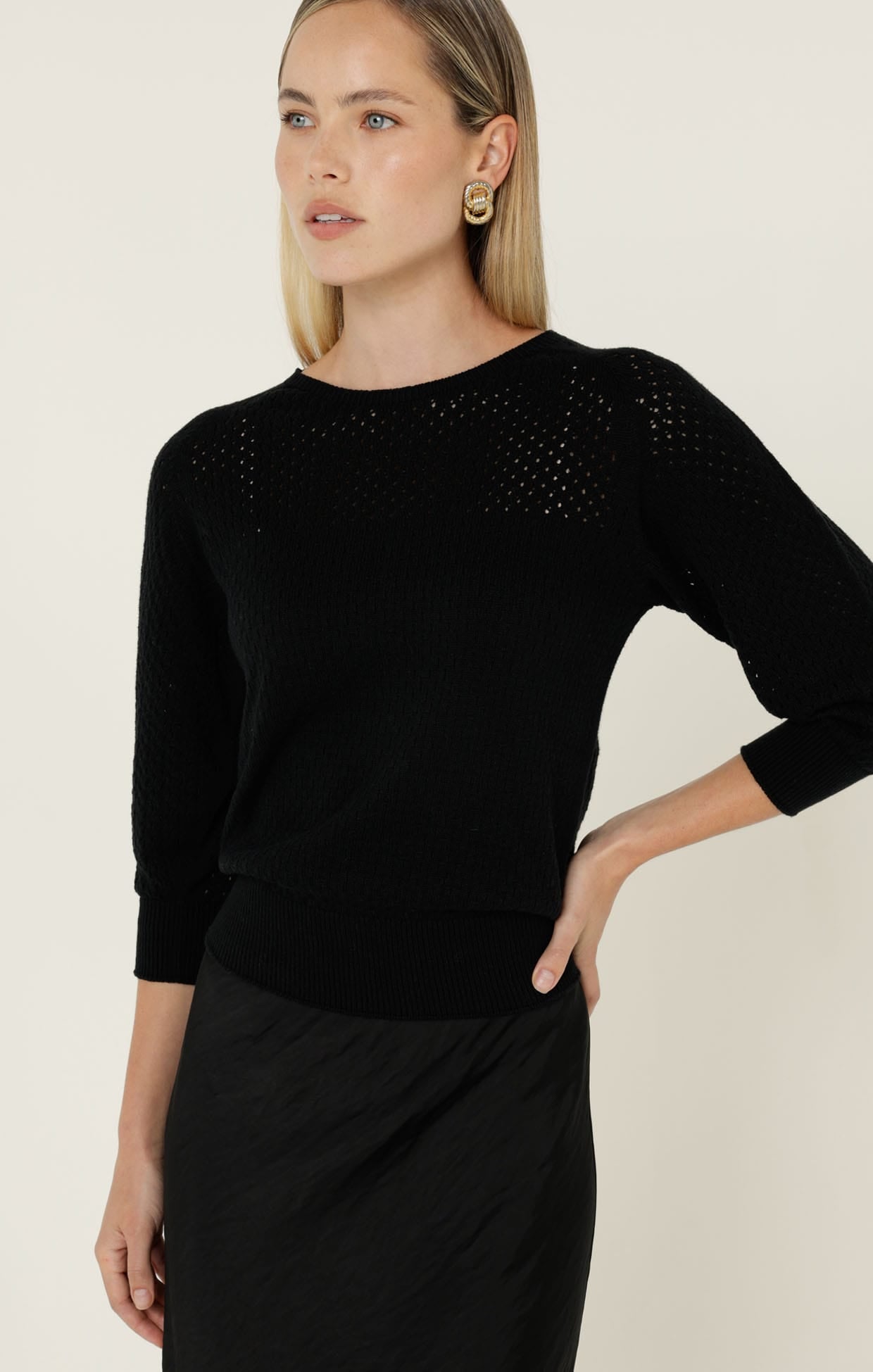 Knitwear 3/4 SLEEVE RIPPLE KNIT TOP IN BLACK