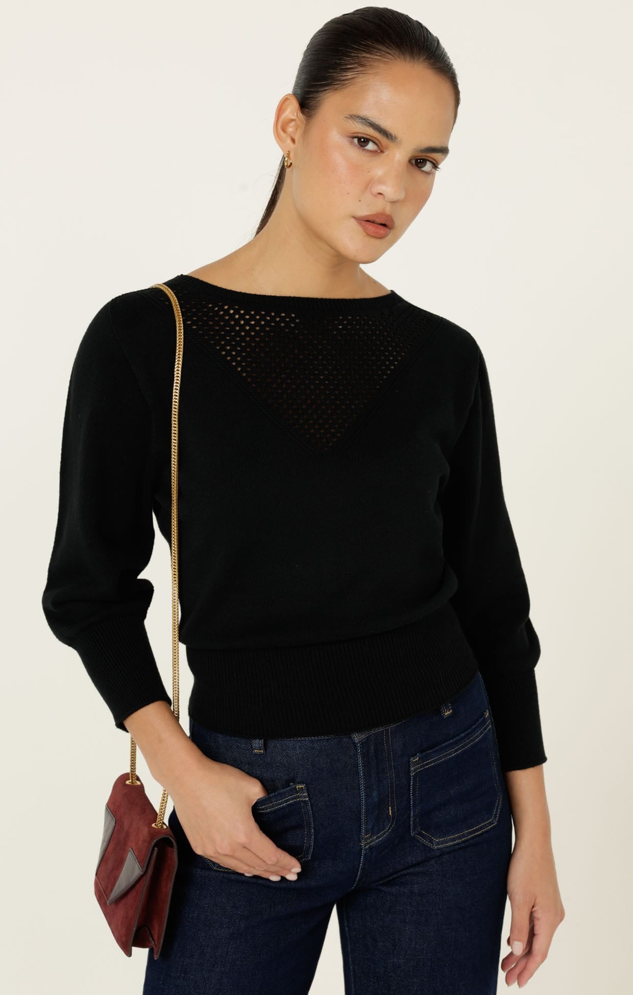 Knitwear CHLOE 3/4 SLEEVE KNIT TOP IN BLACK