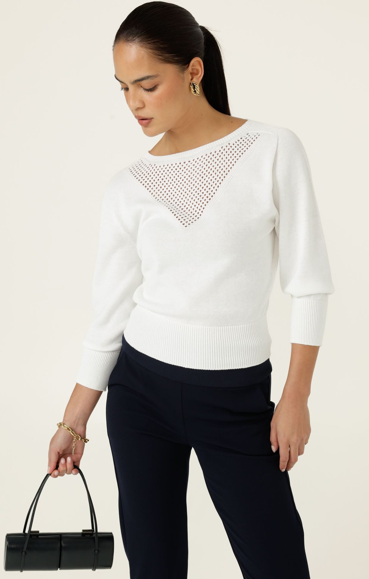 Knitwear CHLOE 3/4 SLEEVE KNIT TOP IN WHITE