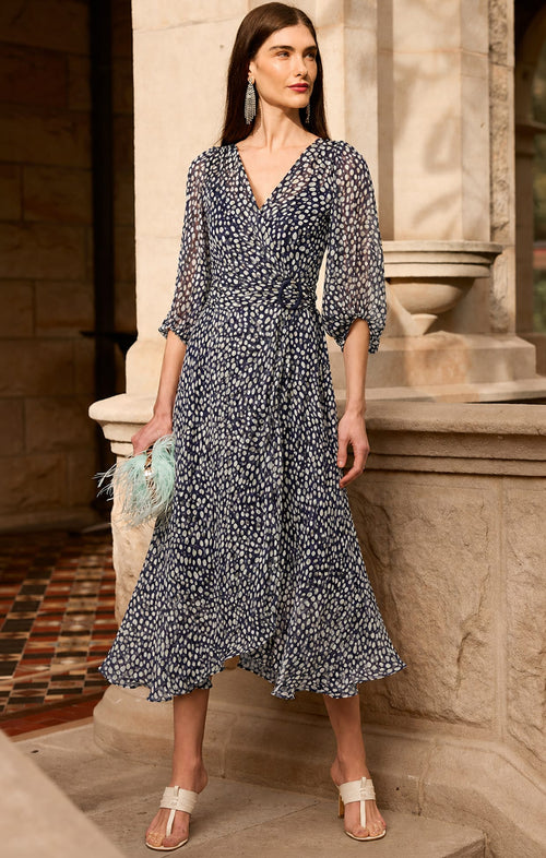 Dresses Multi Occasion CLOUDLAND WRAP DRESS IN NAVY WHITE SPOT