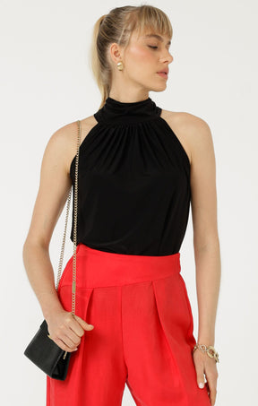 Tops Multi Occasion HIGH NECK TIE TOP IN BLACK