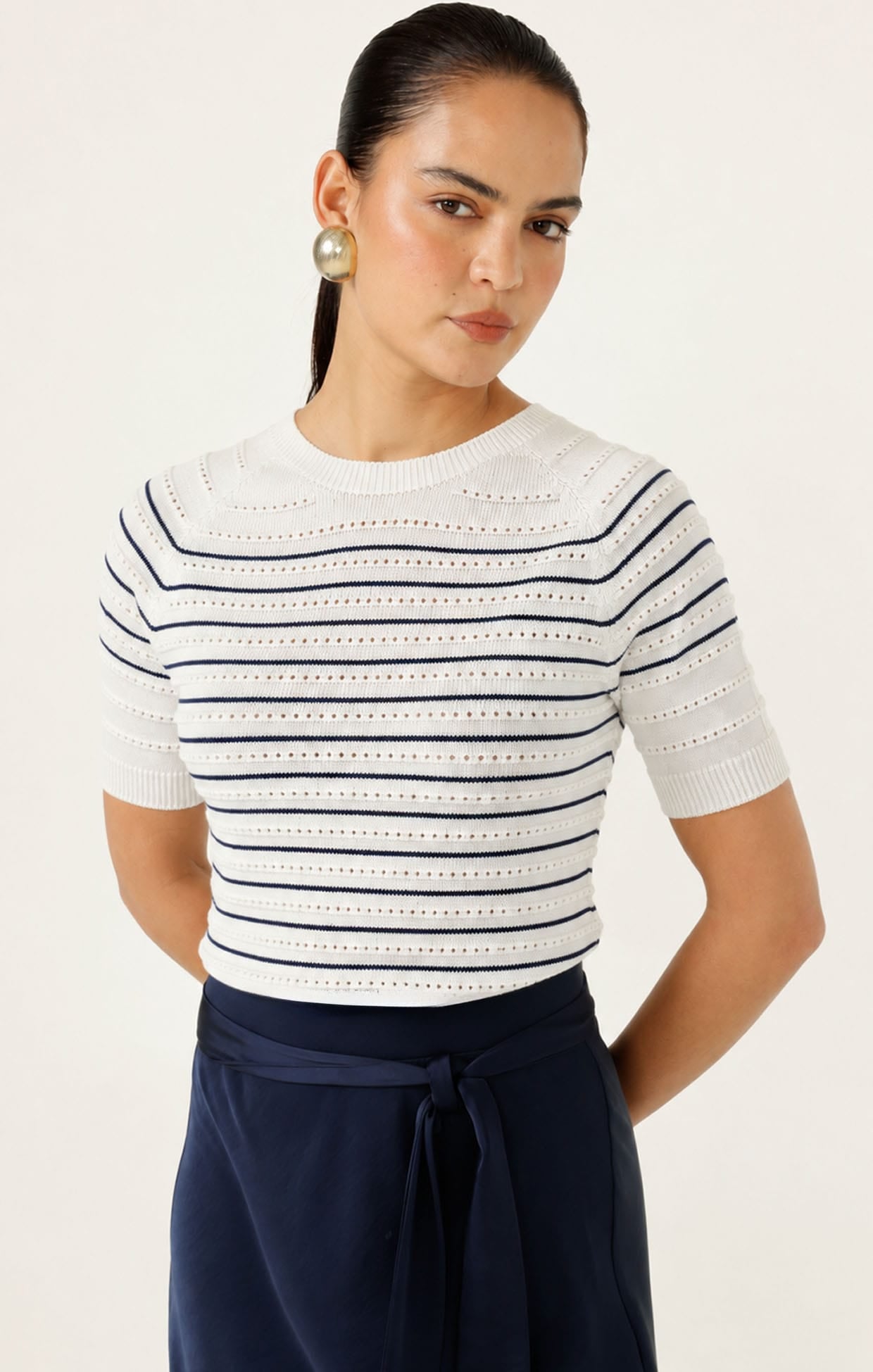 Knitwear EYELET STRIPE KNIT TOP IN WHITE AND NAVY